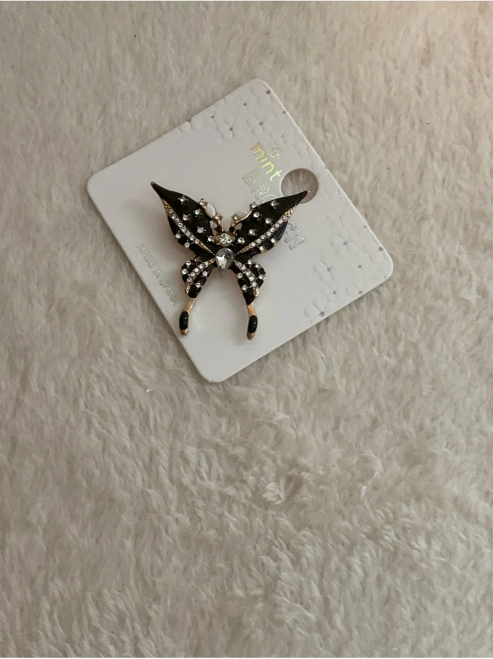 Mint Black and Clear Crystal Butterfly Brooch